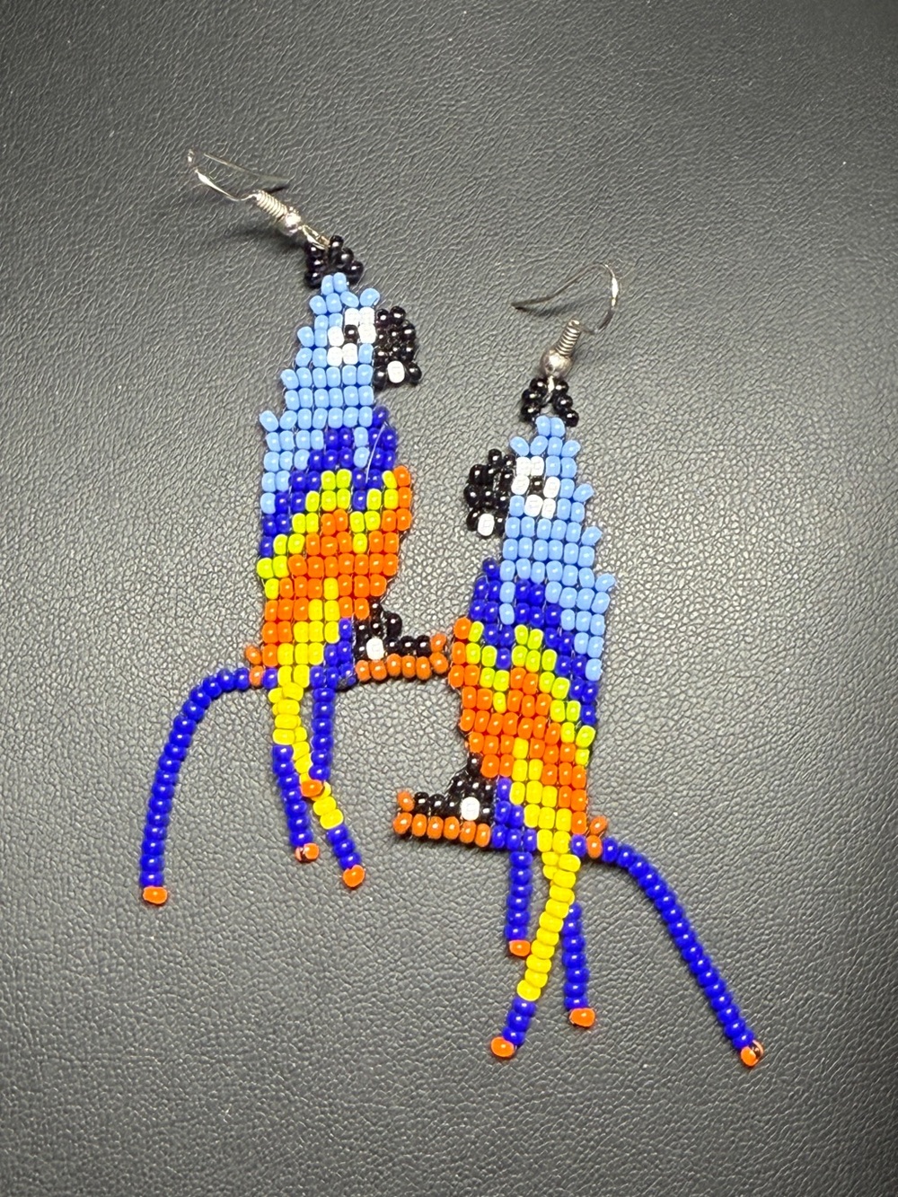 Hand Crafted Blue, Orange, Yellow Beaded Macau Earrings - Picture 3 of 4